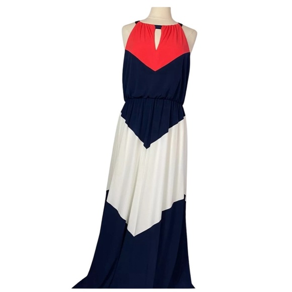 Vince Camuto Maxi Dress Halter Color block Women’s Sz 8 Navy Winter White Coral - Picture 2 of 8